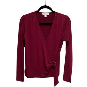 Michael Kors Maroon Red Long Sleeve Wrap Top Blouse Size Medium Gold Accent
